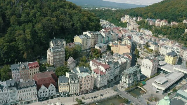 Top aerial view at the streets and the river of Carlsbad (Karlovy Vary), Czech Republic
