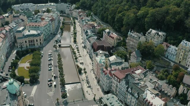 Top aerial view at the streets and the river of Carlsbad (Karlovy Vary), Czech Republic
