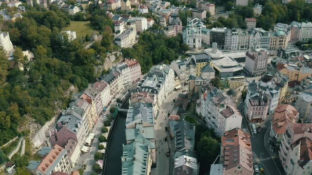 Top aerial view at the streets and the river of Carlsbad (Karlovy Vary), Czech Republic
