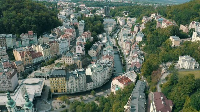 Top aerial view at the streets and the river of Carlsbad (Karlovy Vary), Czech Republic
