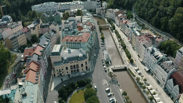 Top aerial view at the streets and the river of Carlsbad (Karlovy Vary), Czech Republic
