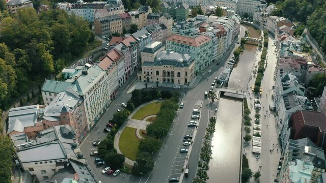Top aerial view at the streets and the river of Carlsbad (Karlovy Vary), Czech Republic
