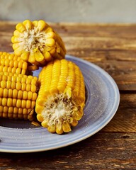 on a wooden table in a plate is boiled corn