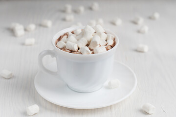 Hot aromatic homemade cacao drink with marshmallow usually cooked at cold autumn and winter vacations served on plate on white wooden background at kitchen. Horizontal orientation image