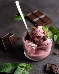 berry ice cream with chocolate in a glass with a spoon on a gray surface, next to mint