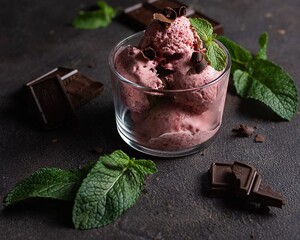 berry ice cream with chocolate in a glass on a gray surface, next to mint