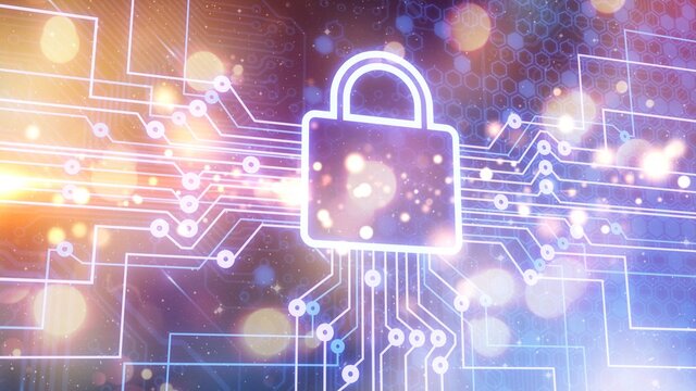 Digital lock icon and city background, concept of data security