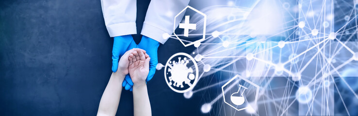 Medical concept. The doctor in gloves holds the patient's hand. The moral help of the doctor to his...