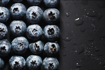 Water drops on ripe sweet blueberry. Fresh blueberries background with copy space for your text. Vegan and vegetarian concept. Macro texture of blueberry berries.