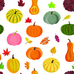 A vector  seamless pattern of colorful pumpkins  and autumn leaves in a flat style on a white  background. Perfect for autumn wrapping paper, screensavers, textiles, Halloween card, wallpapers