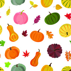 A vector  seamless pattern of colorful pumpkins  and autumn leaves in a flat style on a white  background. Perfect for autumn wrapping paper, screensavers, textiles, Halloween card, wallpapers