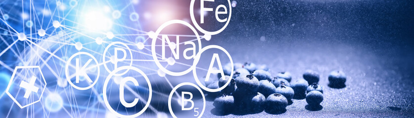 Obraz premium Water drops on ripe sweet blueberry. Fresh blueberries background with copy space for your text. Vegan and vegetarian concept. Macro texture of blueberry berries.