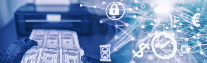 The concept of the global economic crisis. Illegal production of US dollars. Print money...