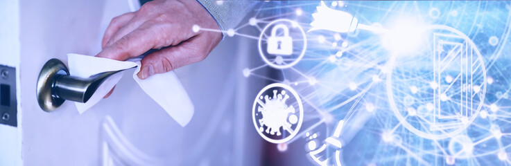 House cleaning concept. Wipe dust off surfaces. Disinfectant treatment of door handles TV electrical. Sanitary treatment at home in quarantine.