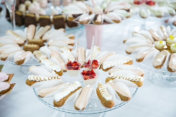 Front view of tray with delicious panna cotta decorated with fresh strawberry, delicious eclairs....