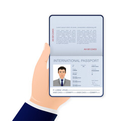 3d card International passport in flat style on white background. on blue backdrop. Blank template. Cover page. International passport, great design for any purposes.