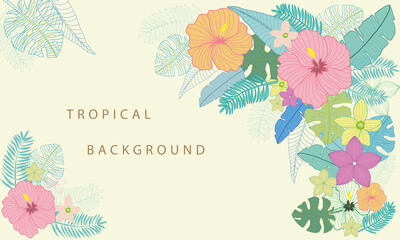 Collection of tropical flowers and leaves. Exotic tropical leaf and flowers background. Perfect for invitation greeting template. Summer style banners.