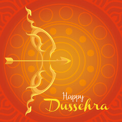 happy dussehra festival with golden arch and arrow on orange background vector illustration design