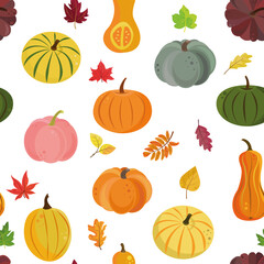 A seamless pattern of colorful pumpkins  and autumn leaves in a flat style on a white  background. Perfect for autumn wrapping paper, screensavers, textiles, Halloween card, wallpapers