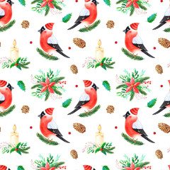 Christmas watercolor seamless pattern. Bullfinch. Winter Robin bird with red breast feathers on white background.