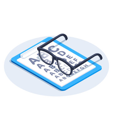 isometric vector image on a white background, a tablet with paper on which is printed test for a vision and glasses, an advertisement for an ophthalmological center