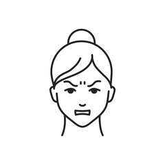 Human feeling hate line black icon. Face of a young girl depicting emotion sketch element. Cute character on white background.