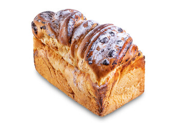 Pull Apart Bread with chocolate drops and powdered sugar on a white isolated background