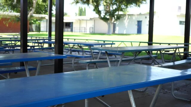 Closed Empty Elementary School Lunch Area with Tables