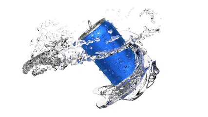 A metal jar turns in a stream of clear water on a white background.