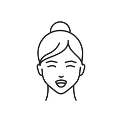 Human feeling triumph line black icon. Face of a young girl depicting emotion sketch element. Cute character on white background