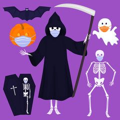 Fototapeta na wymiar Set of clip art for Halloween. Skeleton, death with scythe, pumpkin, ghost, bat wear protective masks. Traditional characters and objects for creating invitations, cards, posters for safe celebration.