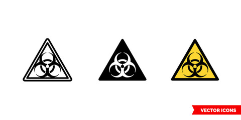 Biological hazard icon of 3 types color, black and white, outline. Isolated vector sign symbol.