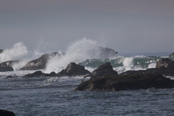 Ocean waves crashing on the rocky  shore