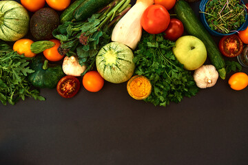 Vegetables dark background with copy space. Healthy meal. Menu, price background