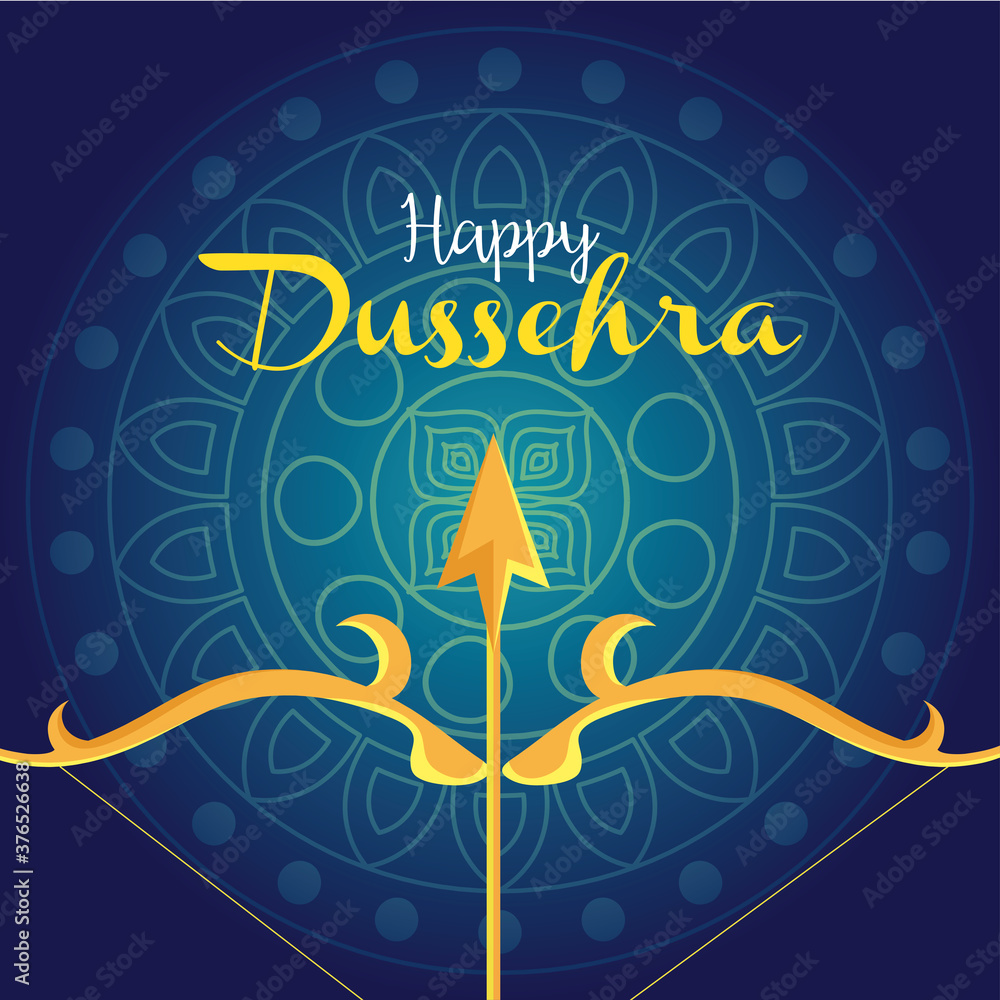 Wall mural happy dussehra festival with golden arrow in blue background vector illustration design