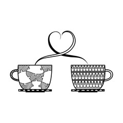 two cups of coffee or tea in zenart style, steam heart, black and white drawing, zentangle, doodle