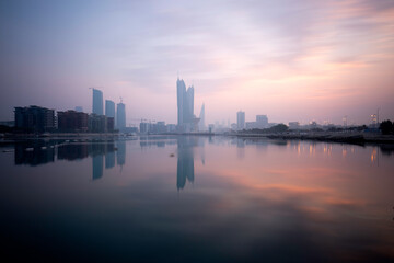 Fototapeta na wymiar Bahrain skyline and haze in the morning during sunrise