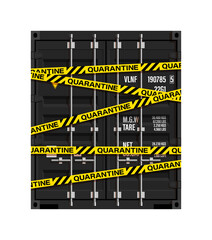 Flat side door view shipping cargo 20 foot container delivery yellow police tape enclosing. Large metal 20 ft containers for transportation. illustration