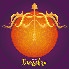 happy dussehra festival with golden arrow in purple and orange background vector illustration design