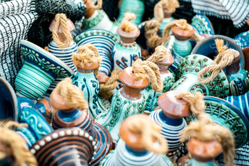 Happy colorful ceramics. Traditional Romanian handmade ceramics market at the potters fair from Sibiu, Romania