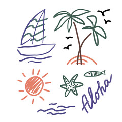 Fototapeta na wymiar Symbol of summer. Palm trees sun sea fish starfish and yaht for your design.