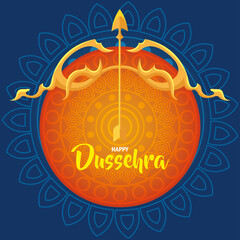 happy dussehra festival with golden arch and arrow in orange and blue background vector illustration design