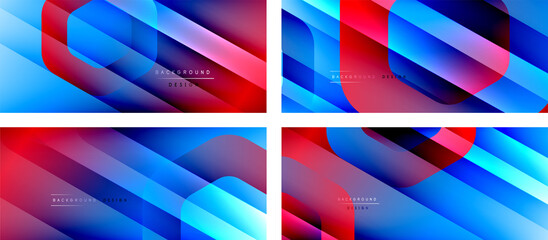 Set of hexagon geometric shapes and fluid gradients with 3d shadow and light straight lines, minimal abstract backgrounds