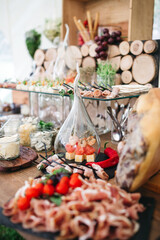 Front view of delicious snack bar on wedding celebration. Luxury table catering with delicatessen, appetizers, cheese, meat set. Birthday party food. Concept of food taste and buffet dish variety.