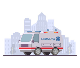First aid ambulance van. Emergency medical vehicle. Сity skyscrapers background. Vector modern flat style. © dukesn
