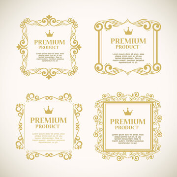 set labels with gold decorative frames vector illustration design