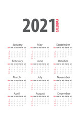 2021 monthly calendar template isolated white color