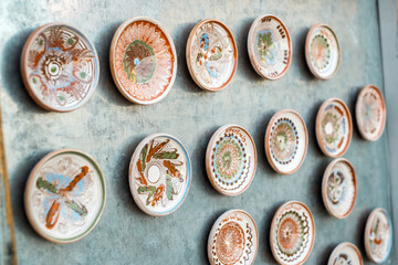 Happy colorful ceramics. Traditional Romanian handmade ceramics market at the potters fair from Sibiu, Romania