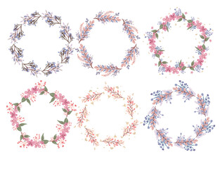 Beautiful set of hand-drawn wreath of green-yellow-red-pink-purple-blue pastel-colored floral on white background