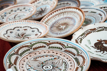 Happy colorful ceramics. Traditional Romanian handmade ceramics market at the potters fair from Sibiu, Romania